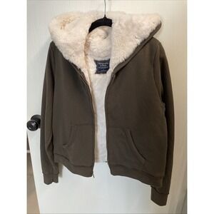 Vtg Y2k Abercrombie & Fitch White Faux Fur Lined Green Full Zip Hoodie Womens L
